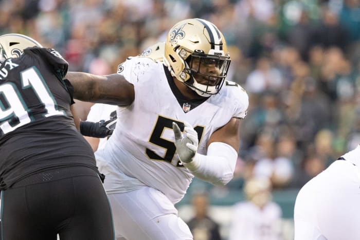 New Orleans Saints guard Cesar Ruiz (51) plays against the Philadelphia Eagles. Mandatory Credit: Bill Streicher-USA TODAY Sports